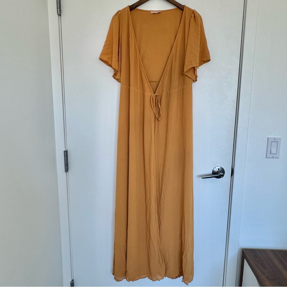 Medium Baltic Born Elegant Mustard Yellow Wrap Tie Maxi Dress Flowy Sleeves